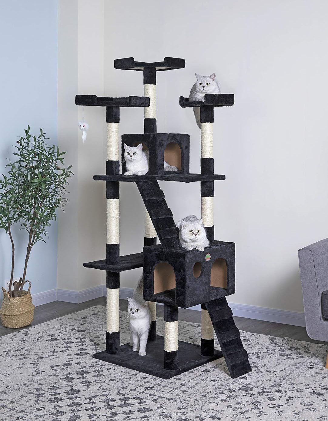 CARLA HOME Cat Tree Tower 180cm with Dual Condos and Sisal Posts Black