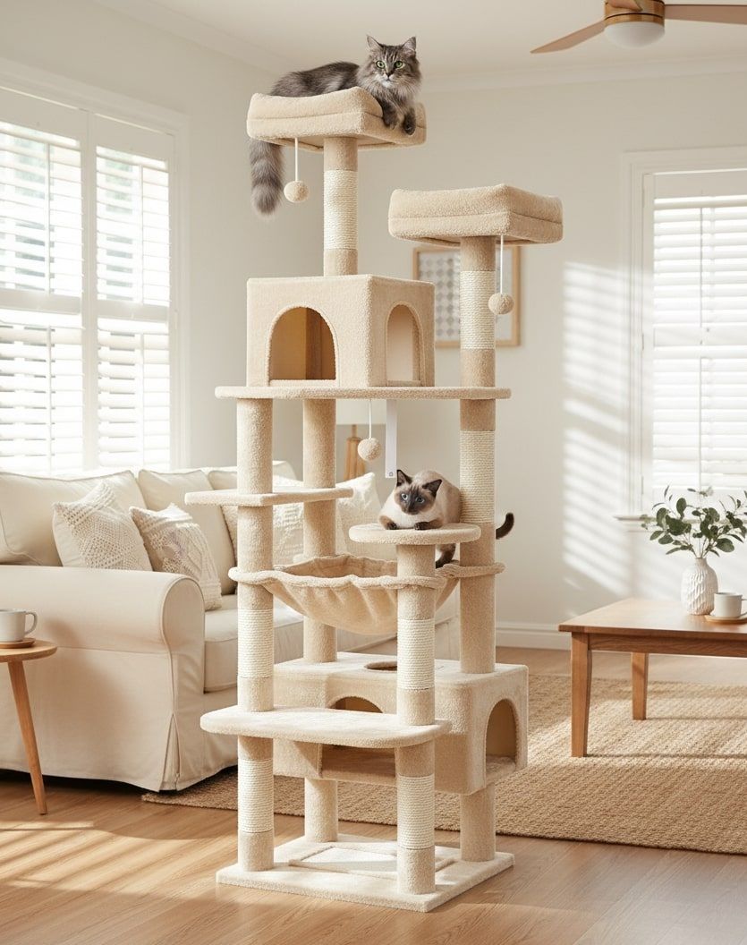 CARLA HOME Cat Tree Tower 180cm with Dual Condos and Sisal Posts Beige