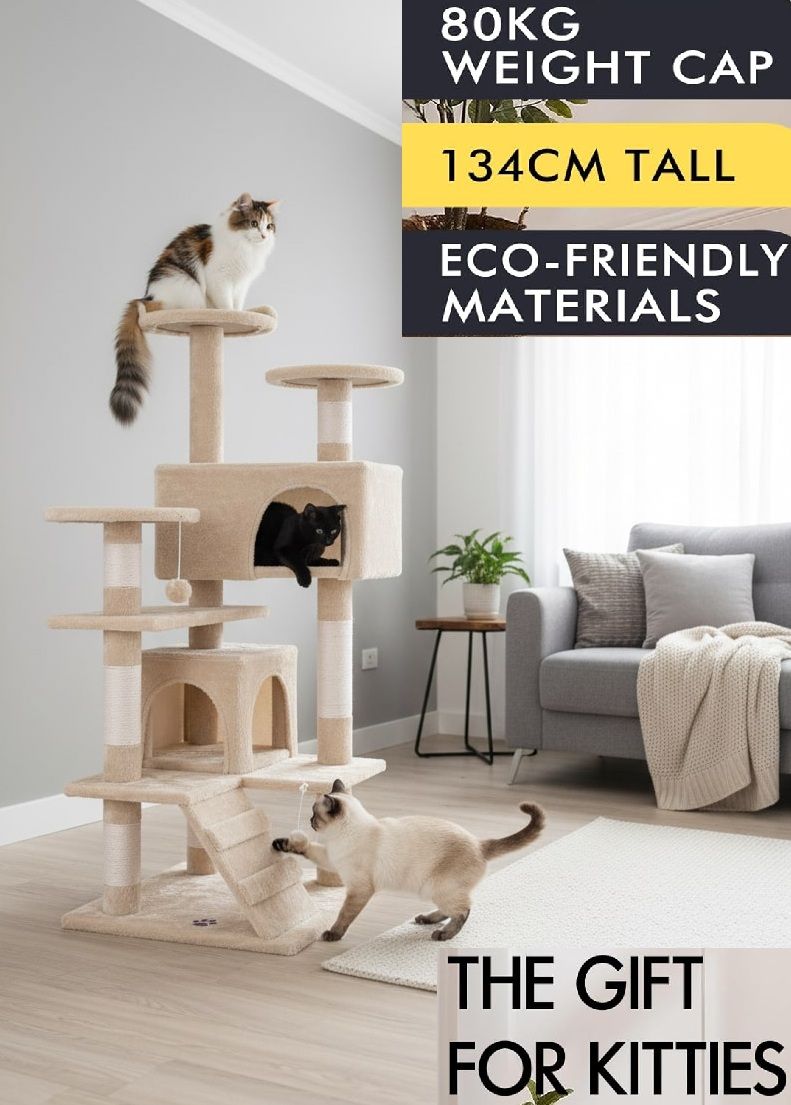 CARLA HOME Cat Tree Tower 134cm with Sisal Posts Beige
