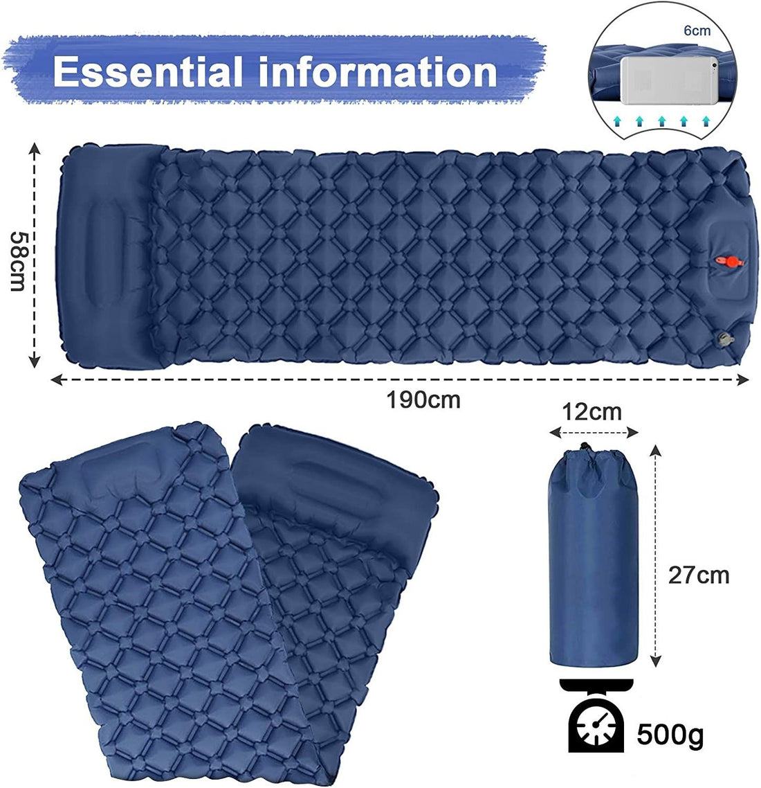 Ultralight Inflatable Camping Sleeping Pad with Built-in Pillow 190x58cm