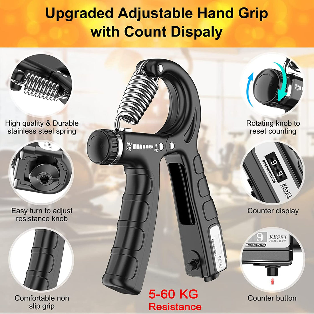 Adjustable Hand Grip Strengthener 5-60kg with Counter 2-Pack
