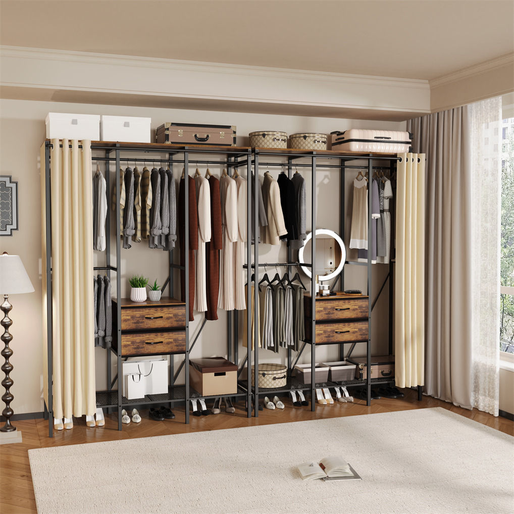 XXL Heavy Duty Wardrobe Cabinet with Curtain and Drawers Black