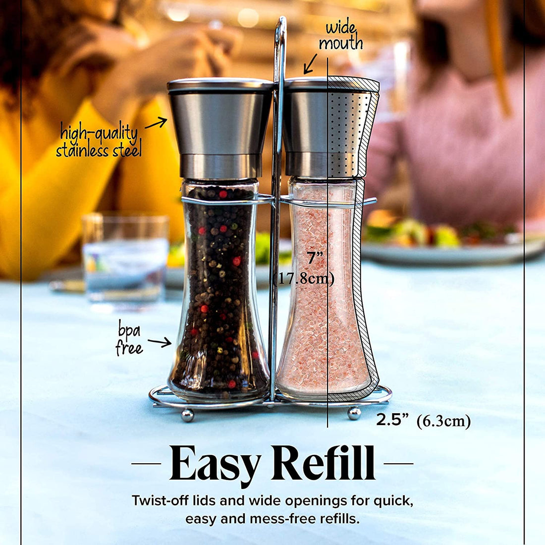 Stainless Steel Salt and Pepper Grinder Set Glass Ceramic