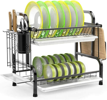 2-Tier Black Stainless Steel Dish Drying Rack with Utensil Holder