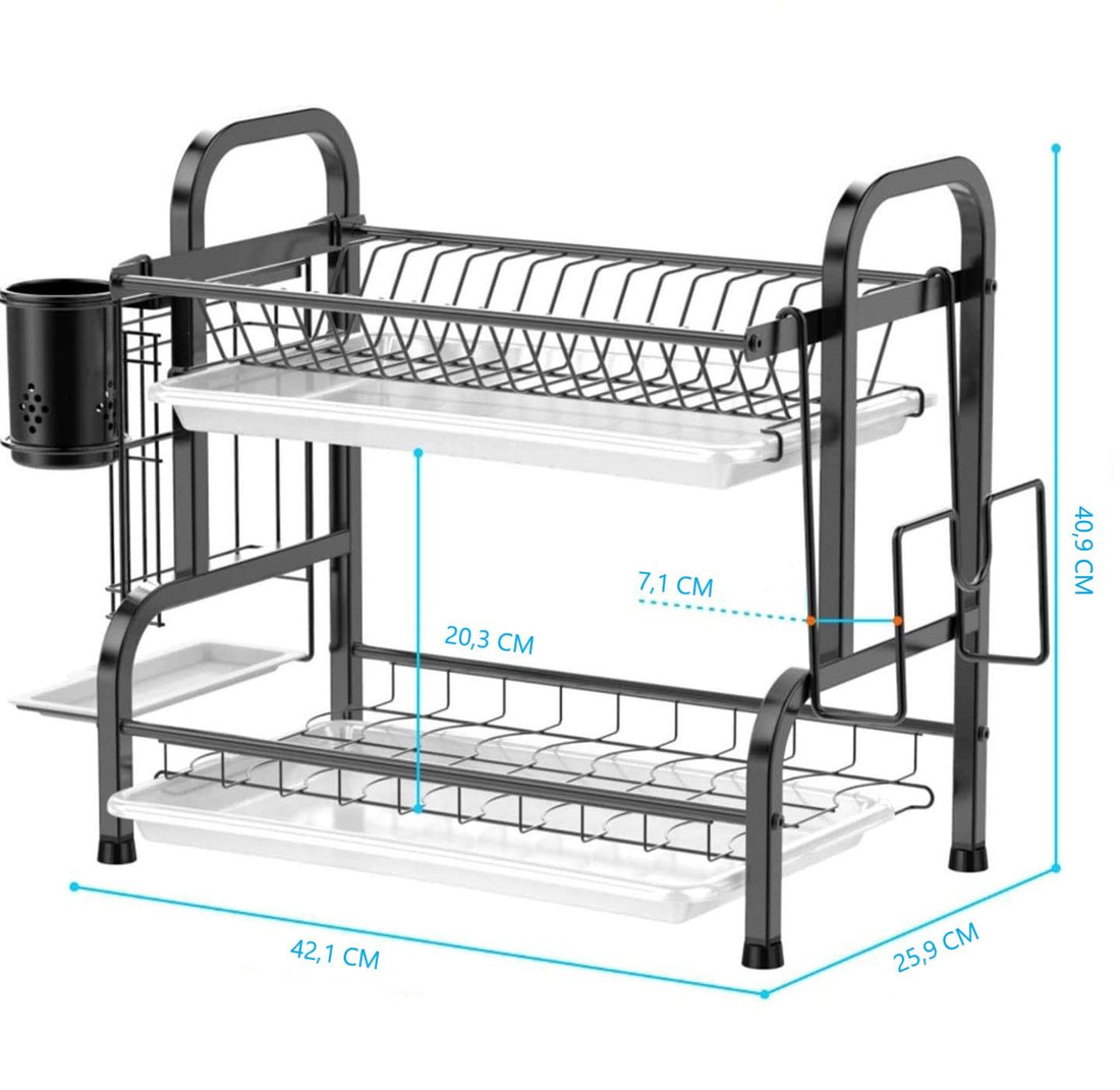 2-Tier Black Stainless Steel Dish Drying Rack with Utensil Holder