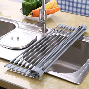 Over Sink Roll-Up Dish Drying Rack Silicone Heat Resistant Gray