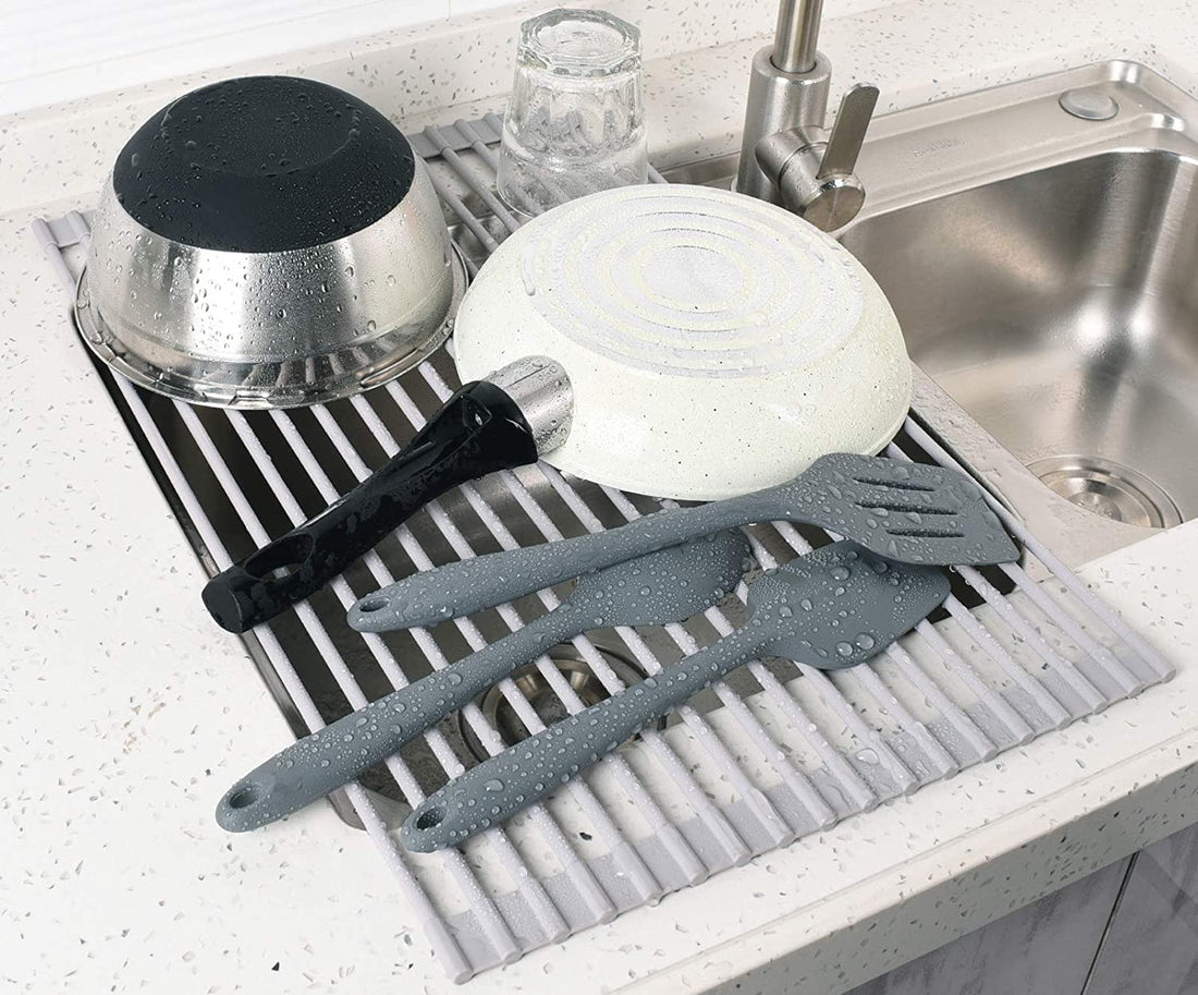 Over Sink Roll-Up Dish Drying Rack Silicone Heat Resistant Gray