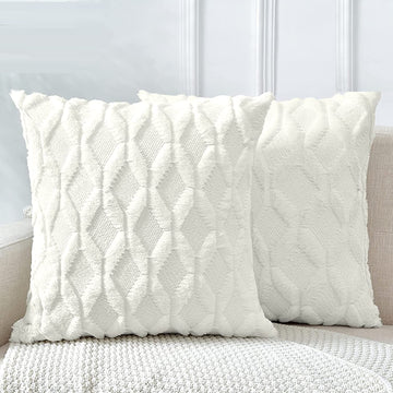 Boho Throw Pillow Covers 2 Pack 45x45cm Faux Fur Diamond Design White