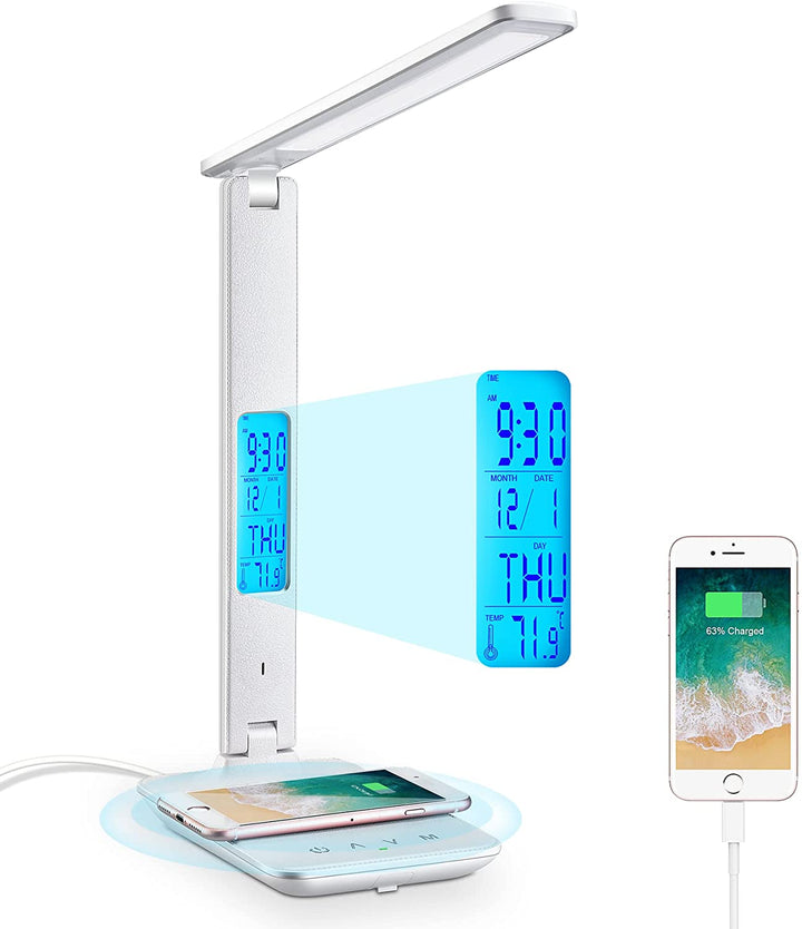 LED Desk Lamp with Wireless Charger Clock 10W