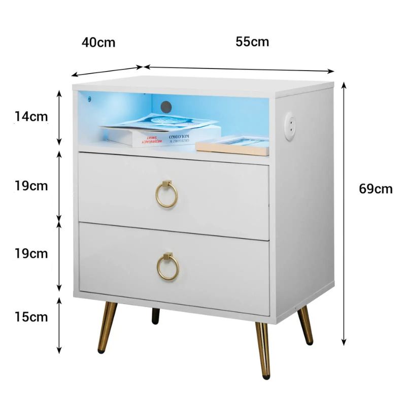 Amelia LED Bedside Table with USB Charging and Power Socket White