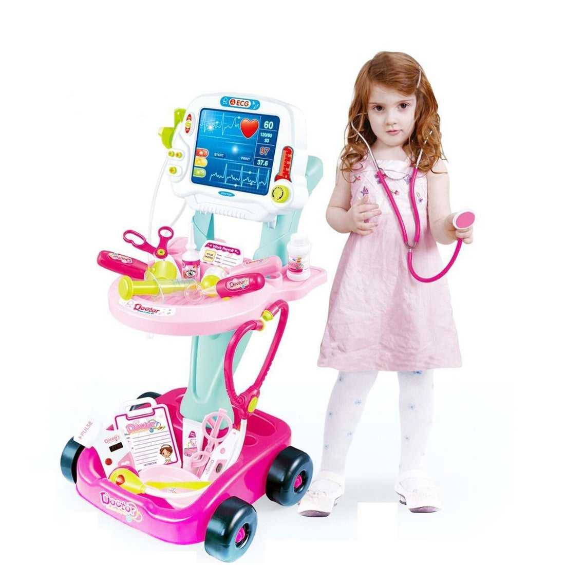 Kids Doctor Medical Cart and ECG Machine Play Set with 17 Accessories