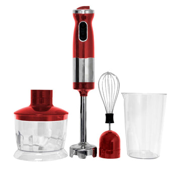 Electric Hand Blender Stick Mixer Red with Chopper and Whisk