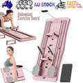 Pink abdominal exercise board composite showing product folded, in-use plank position, with AU Stock and fast shipping badges