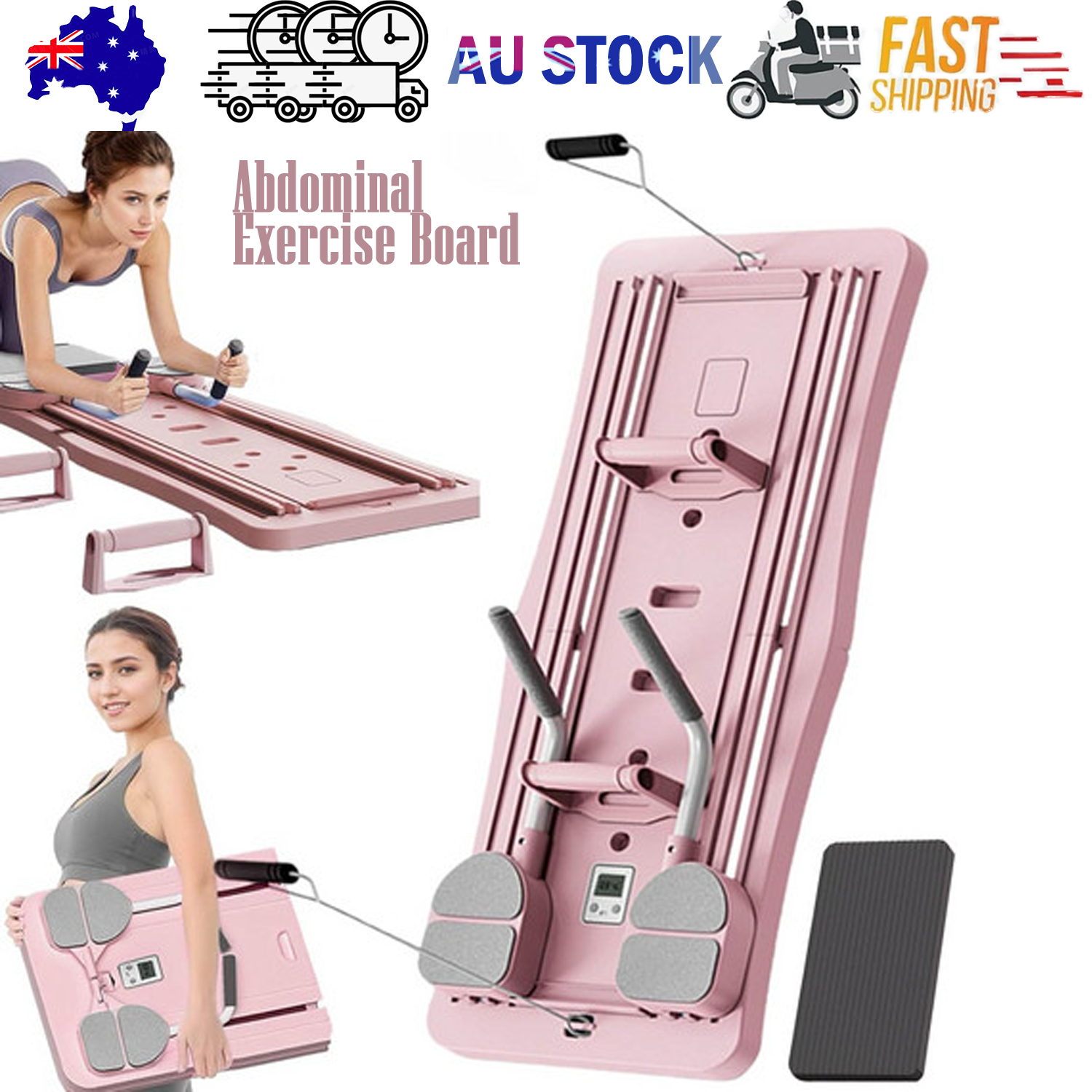 Pink abdominal exercise board composite showing product folded, in-use plank position, with AU Stock and fast shipping badges