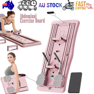 Pink abdominal exercise board composite showing product folded, in-use plank position, with AU Stock and fast shipping badges