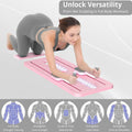 Woman doing plank on pink abdominal exercise board with body target icons showing 5 muscle groups including abs and shoulders