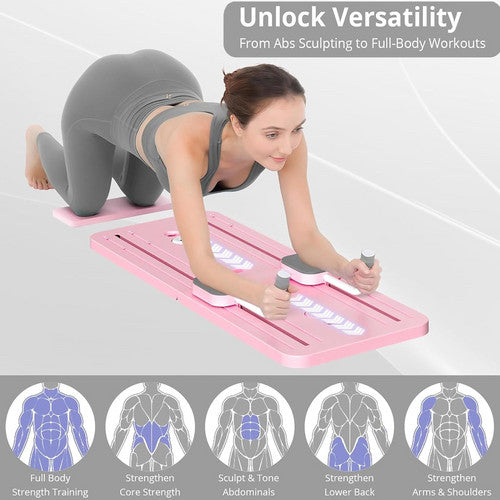 Woman doing plank on pink abdominal exercise board with body target icons showing 5 muscle groups including abs and shoulders