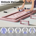 Woman kneeling using push-up handles on pink exercise board from side angle with 5 body target muscle group icons below