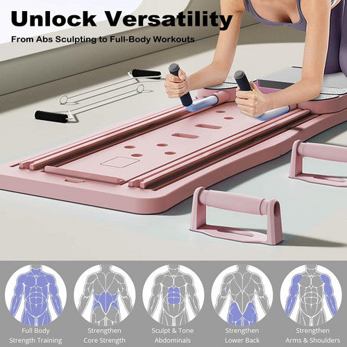 Woman kneeling using push-up handles on pink exercise board from side angle with 5 body target muscle group icons below