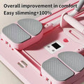 Close-up of pink exercise board foot pads showing two grey hexagonal foam elbow pads and small digital counter display