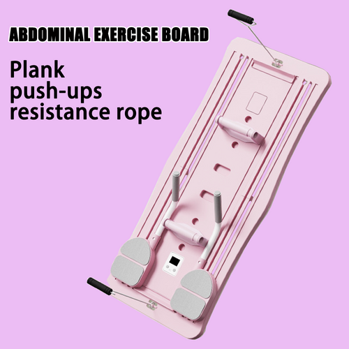 Pink abdominal exercise board top-down flat lay on purple background showing resistance ropes, push-up handles and elbow pads