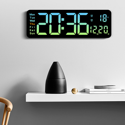 Vortaz LED Digital Wall Clock Green 16 inch Temperature Calendar