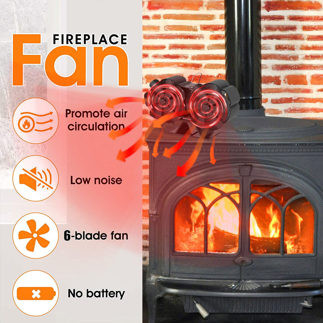 Eco Heat Dual Head Wood Stove Fan 12-Blade Self-Powered