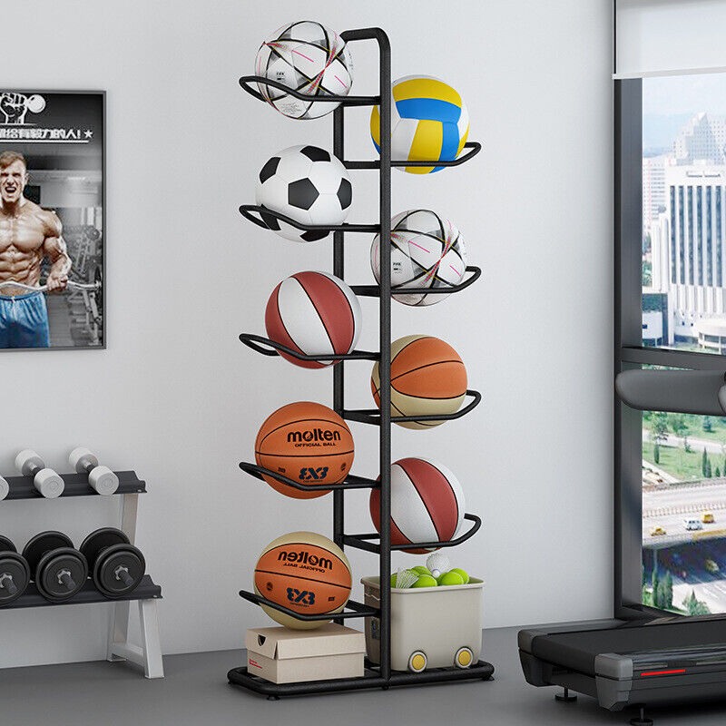 Sports Ball Storage Rack Vertical Metal Frame Holds 7-9 Balls Black