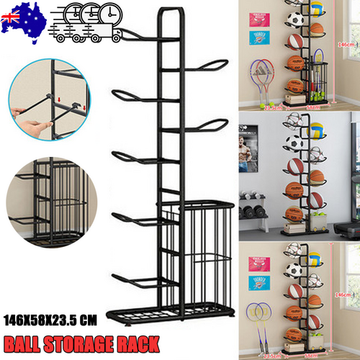 Sports Ball Storage Rack with Basket Metal Frame Holds 7-9 Balls 146cm Black