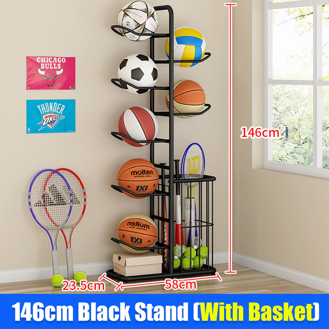 Sports Ball Storage Rack with Basket Metal Frame Holds 7-9 Balls 146cm Black