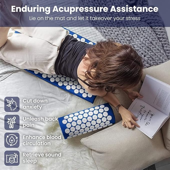 Blue Acupressure Mat and Pillow Set for Yoga and Pain Relief