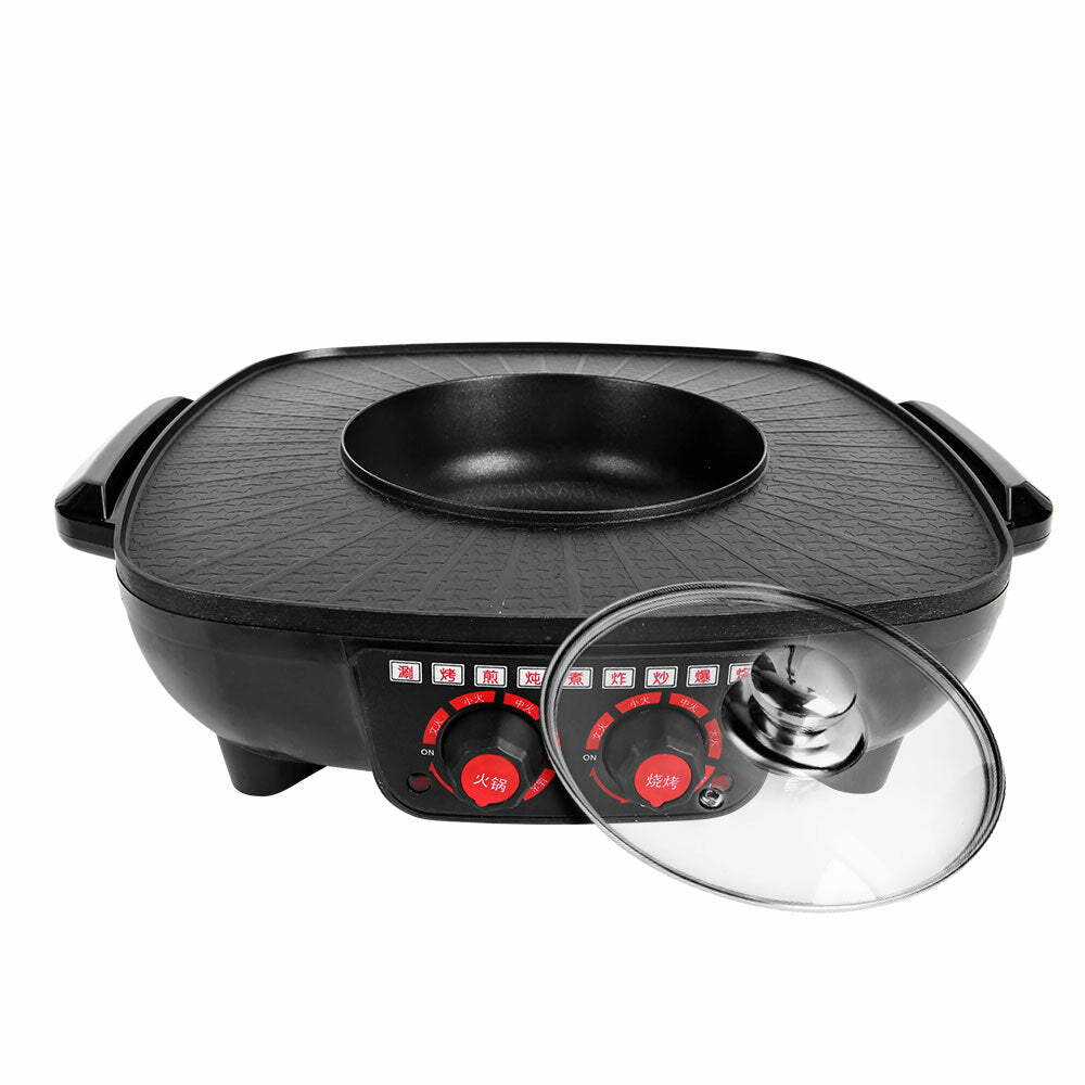 Electric 2-in-1 BBQ Grill and Hot Pot Machine Smokeless 6 Person Capacity