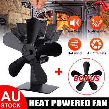 Eco Heat Powered Wood Stove Fan 5-Blade Self-Powered Black