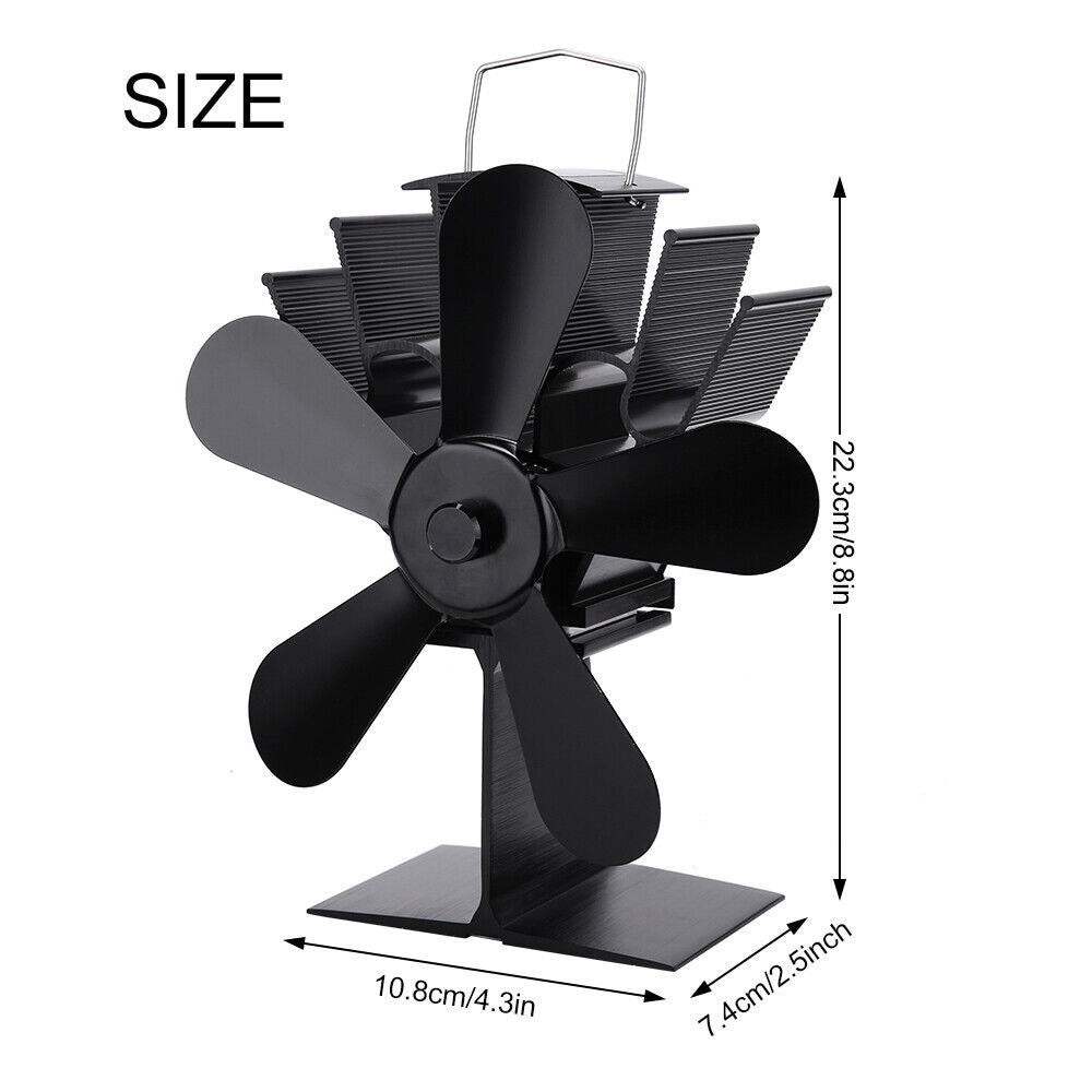 Eco Heat Powered Wood Stove Fan 5-Blade Self-Powered Black