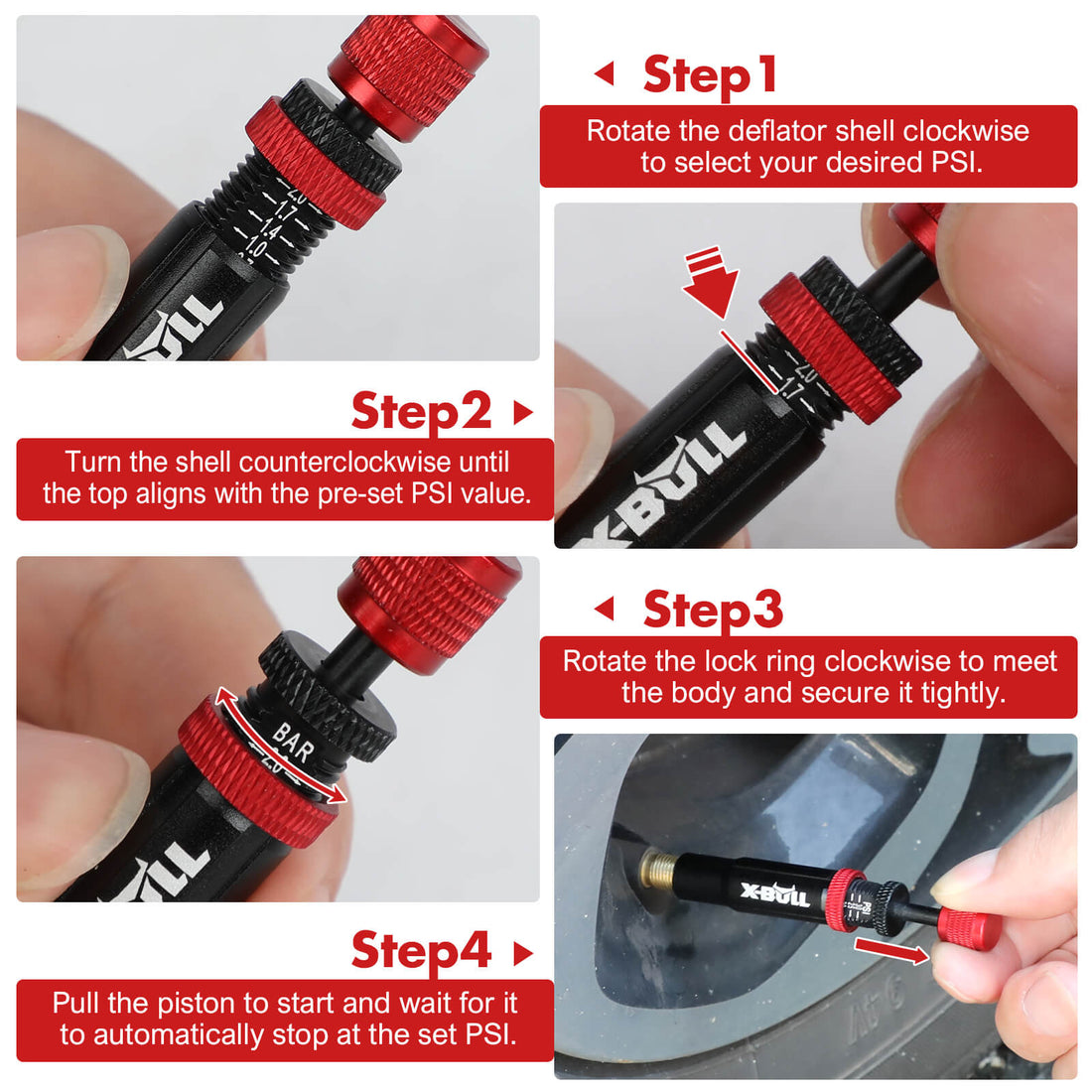 X-BULL 4pcs Tyre Deflators Quick Adjustable 10-30 PSI Stainless Steel