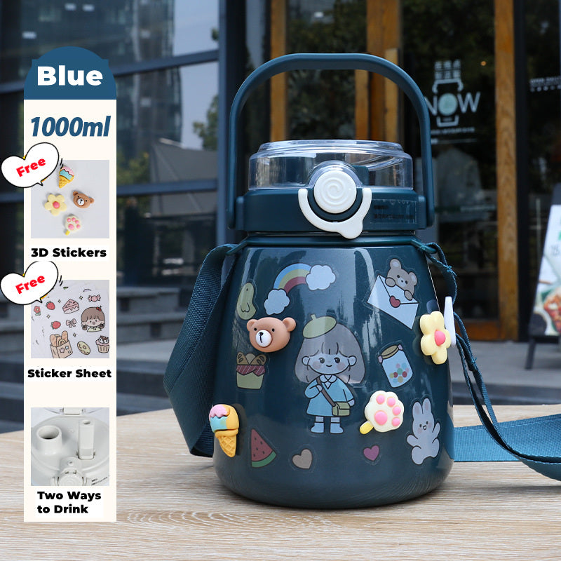 Vortaz Stainless Steel Water Bottle 1L with Straw Blue