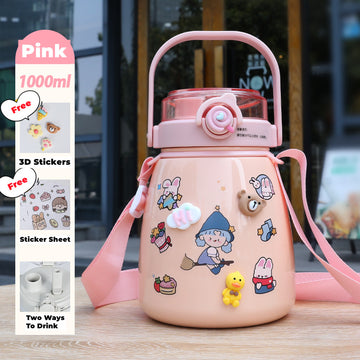 Vortaz Stainless Steel Water Bottle 1L with Straw Pink