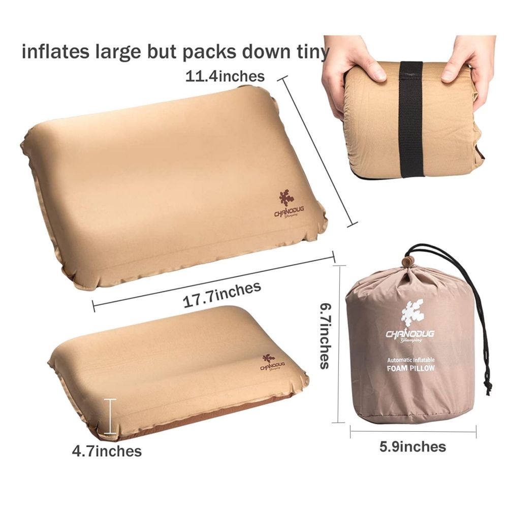 Self Inflating Camping Pillow Ergonomic 3D Support Gold