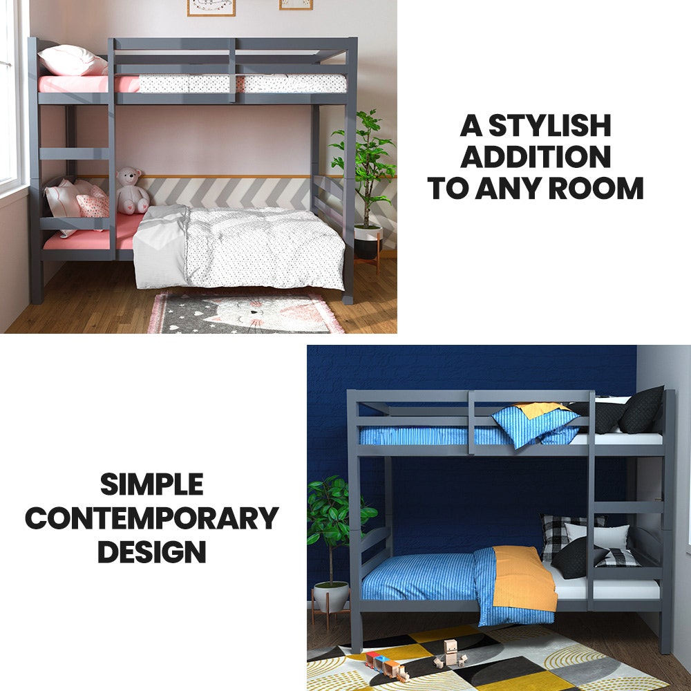 Kingston Slumber Solid Pine Single Bunk Bed Frame Converts to 2 Beds Grey