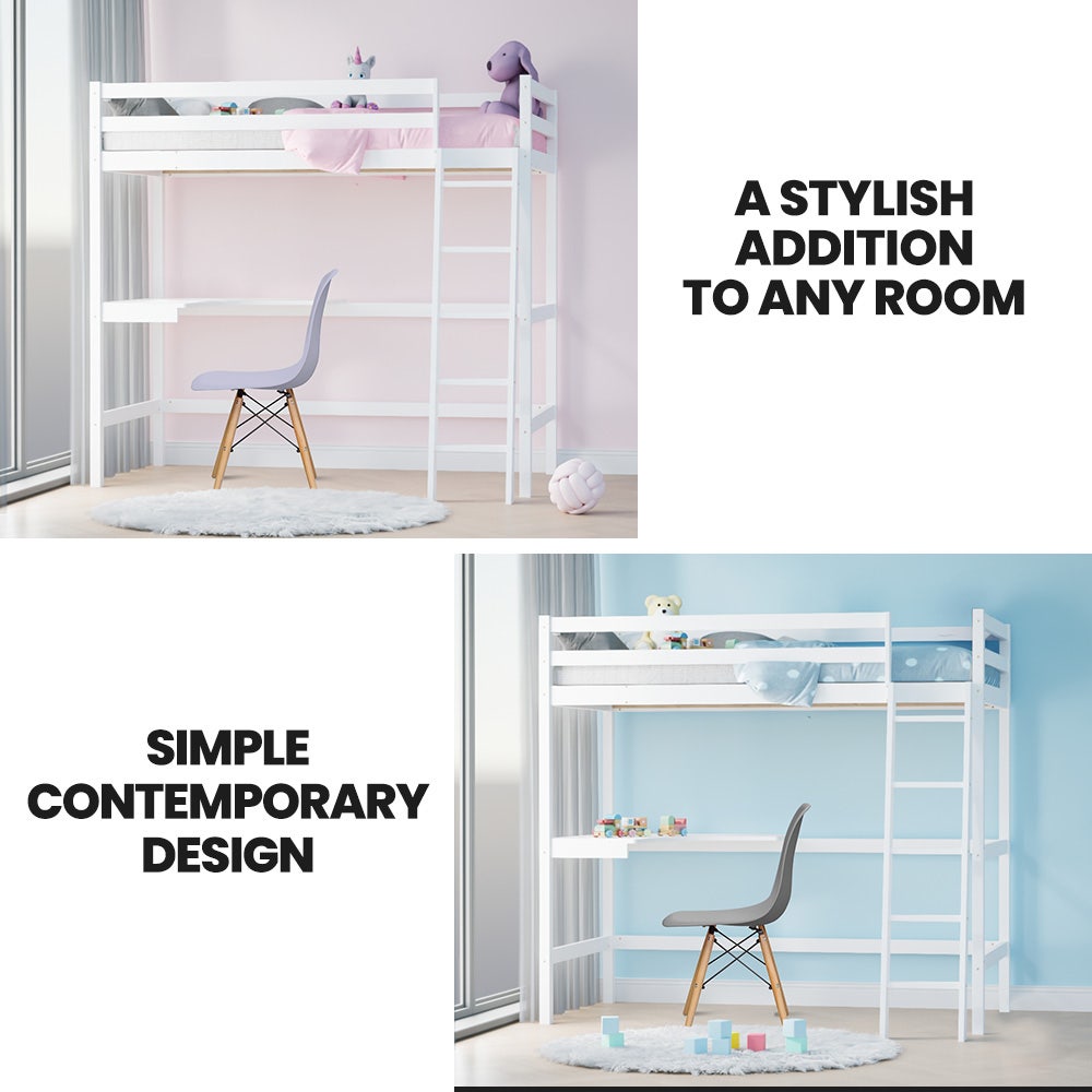 Kingston Slumber Kids Loft Bed Frame with Desk Solid Pine White