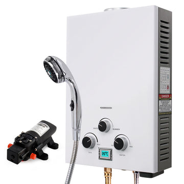 Thermomate Portable LPG Gas Water Heater with 12V Pump Shower Head White