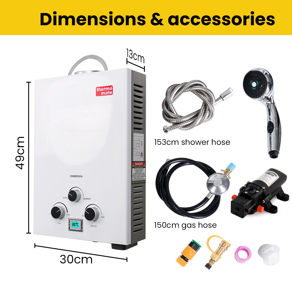 Thermomate Portable LPG Gas Water Heater with 12V Pump Shower Head White