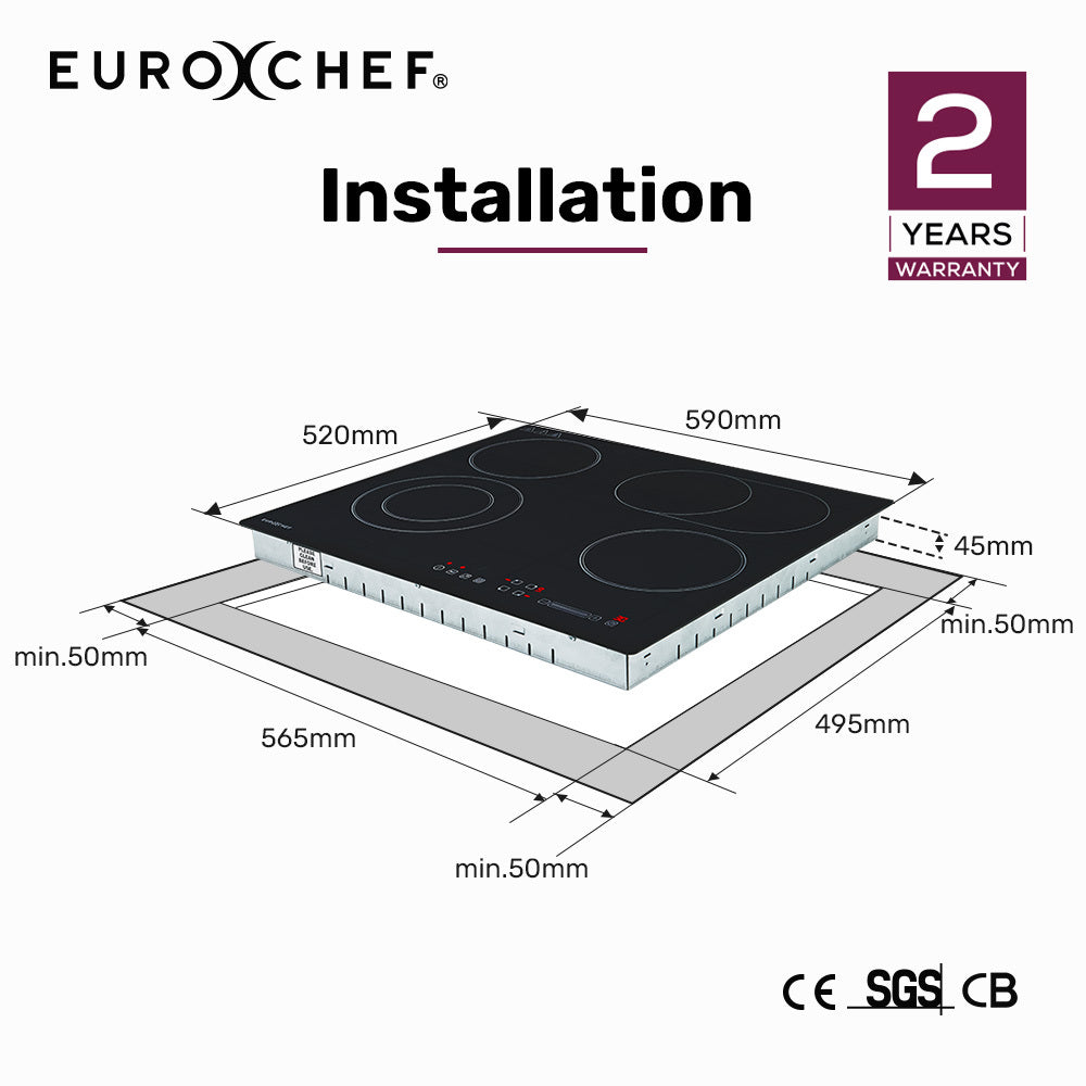 EuroChef 60cm 4 Zone Ceramic Cooktop 6600W FlexiZone Touch Controls