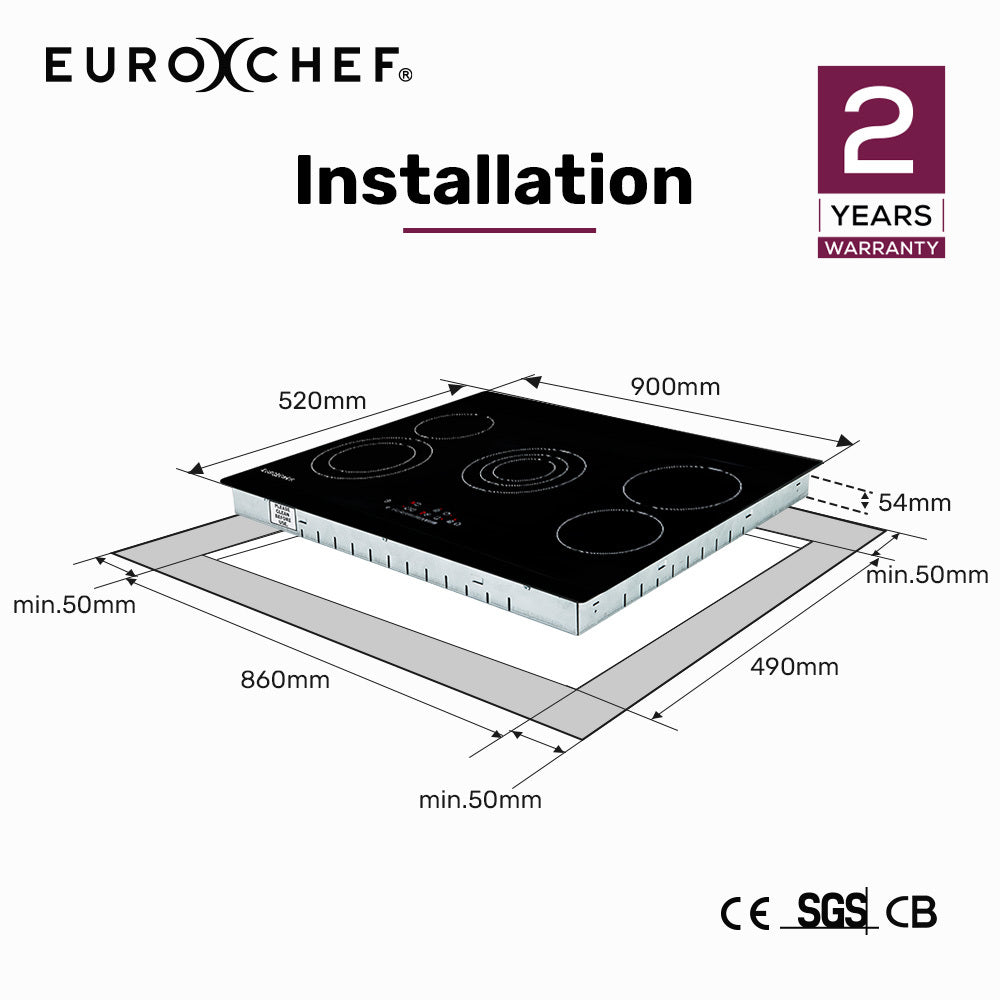 EuroChef Ceramic Cooktop 90cm 5 Zone 8900W Black