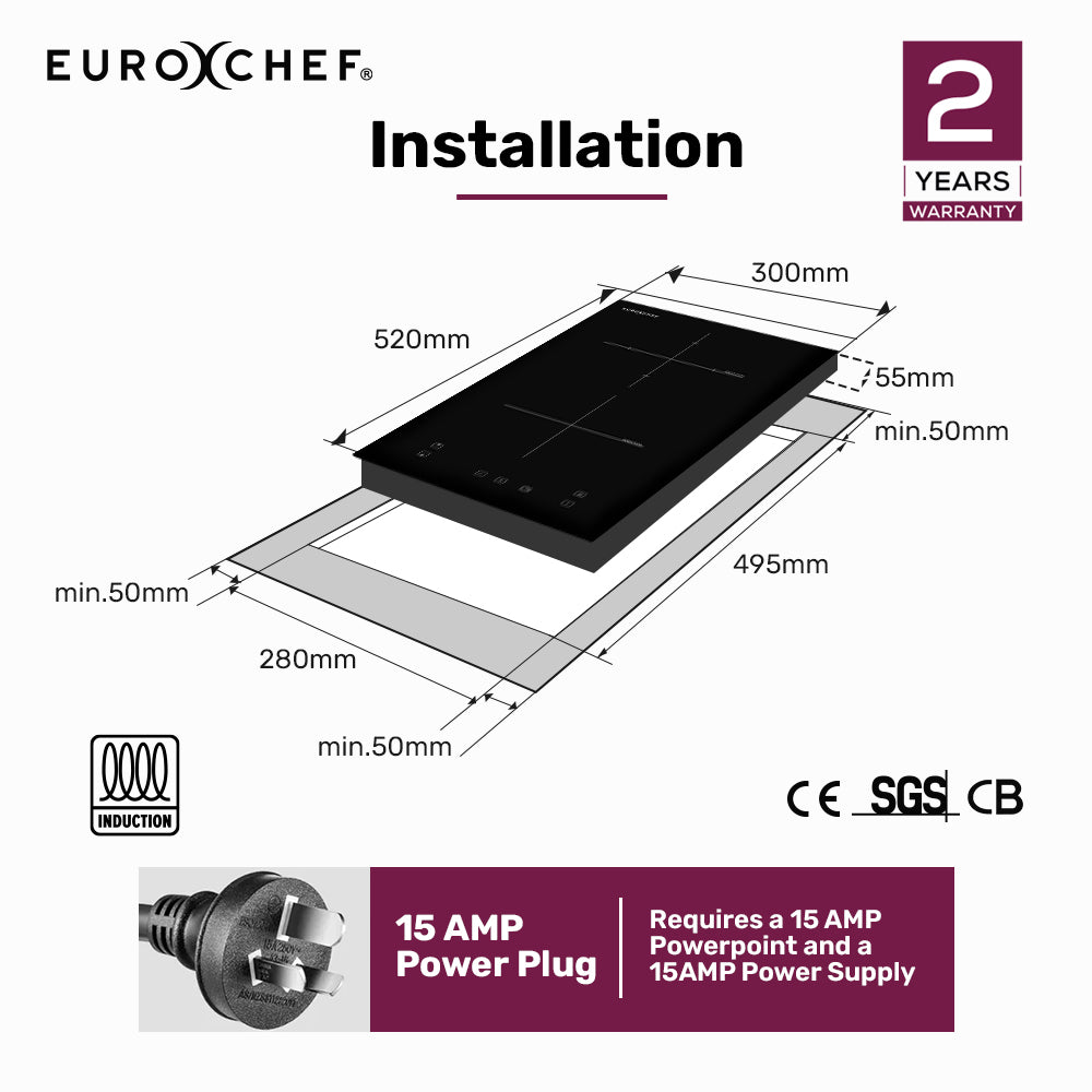 EuroChef Induction Cooktop 30cm 2 Zone 3300W Black