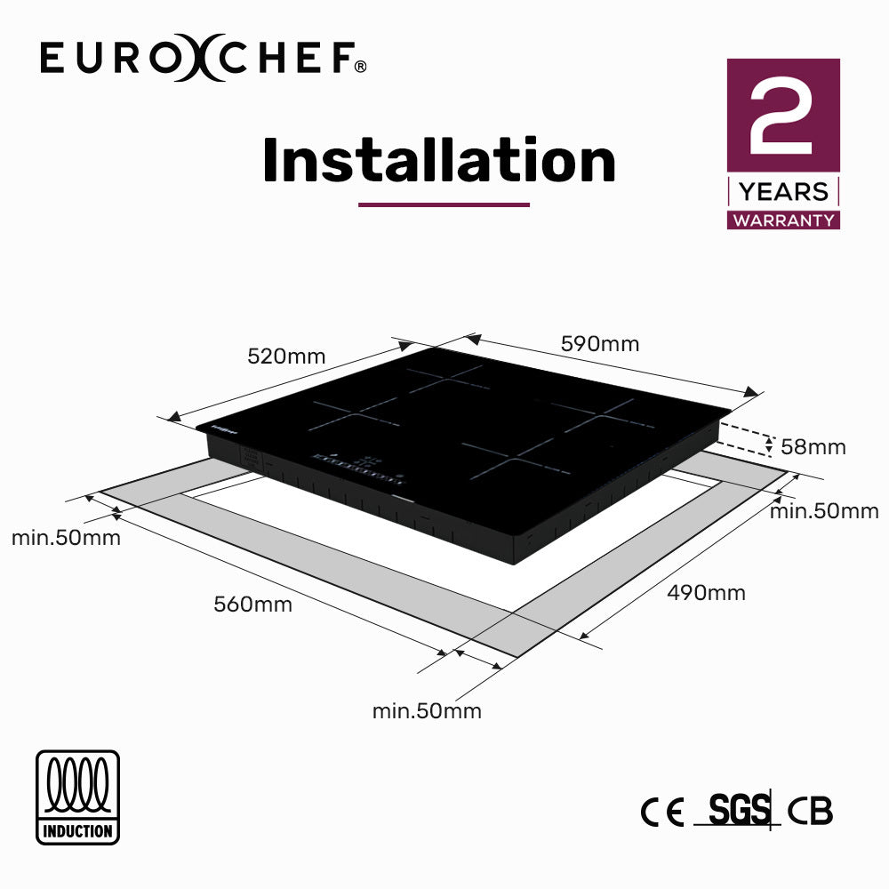 EuroChef Induction Cooktop 60cm 4 Zone 6800W Black