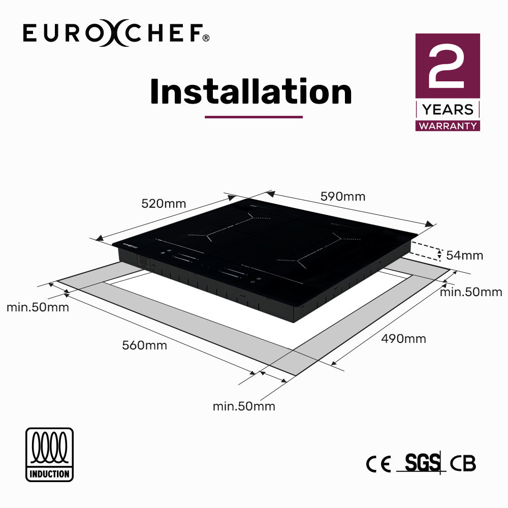 EuroChef 60cm 4 Zone Induction Cooktop 7200W Touch Controls Black