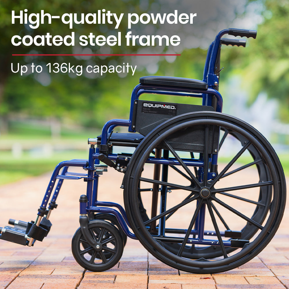 Equipmed Folding Wheelchair Lightweight 136kg 24-inch Blue