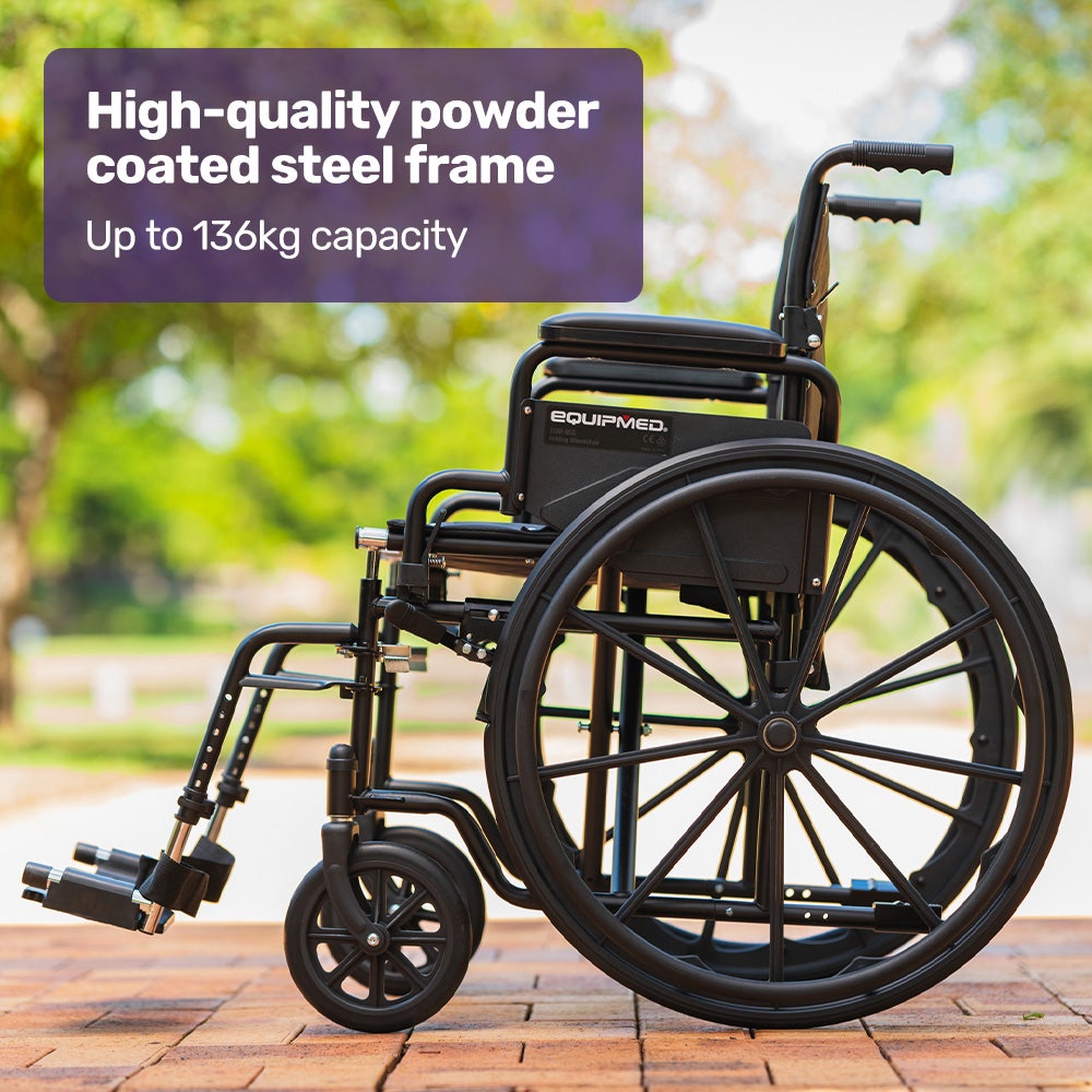 Equipmed Folding Wheelchair with Park Brakes 136kg 51cm Seat Black