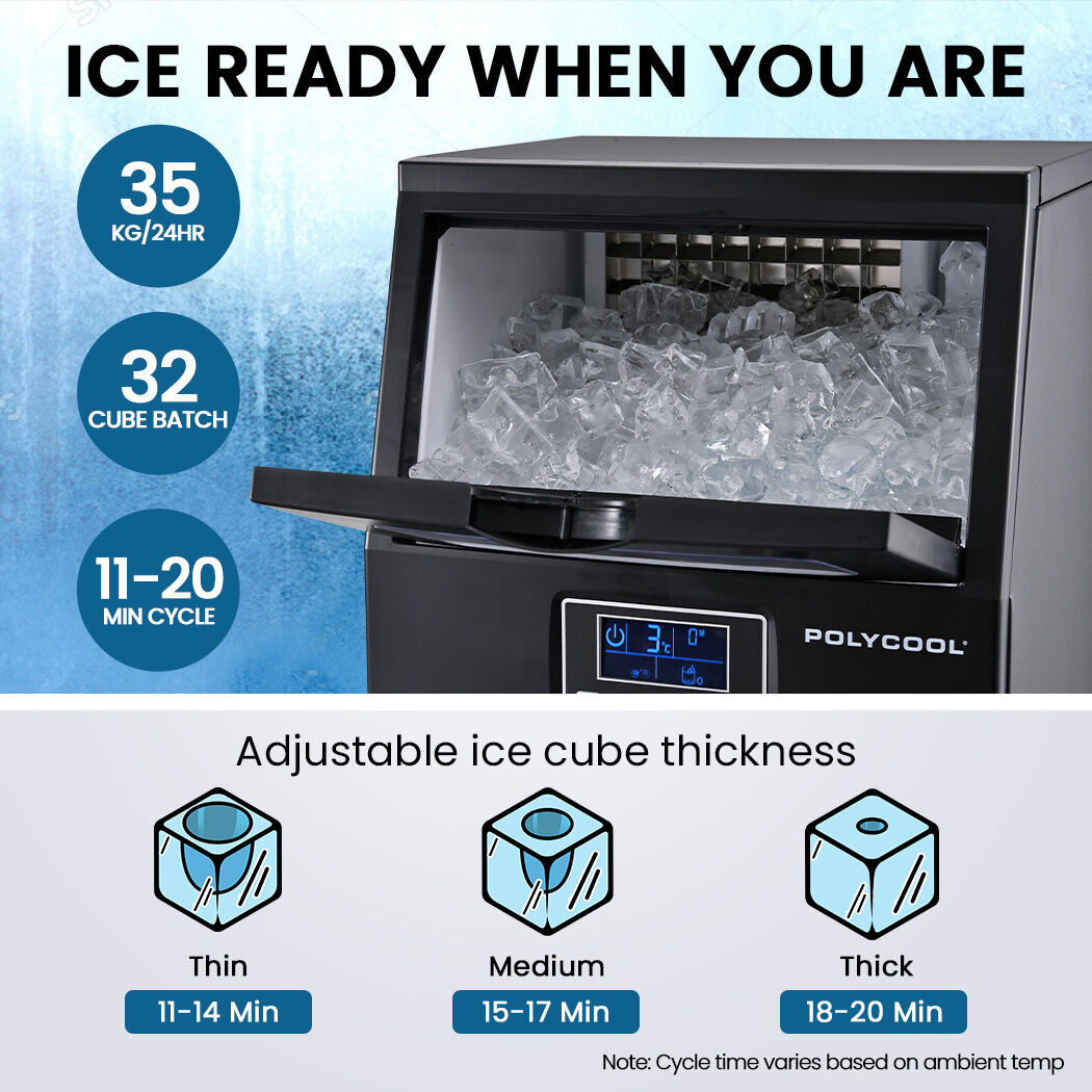 PolyCool Commercial Ice Maker Crystal Clear Cube Ice 35kg Silver